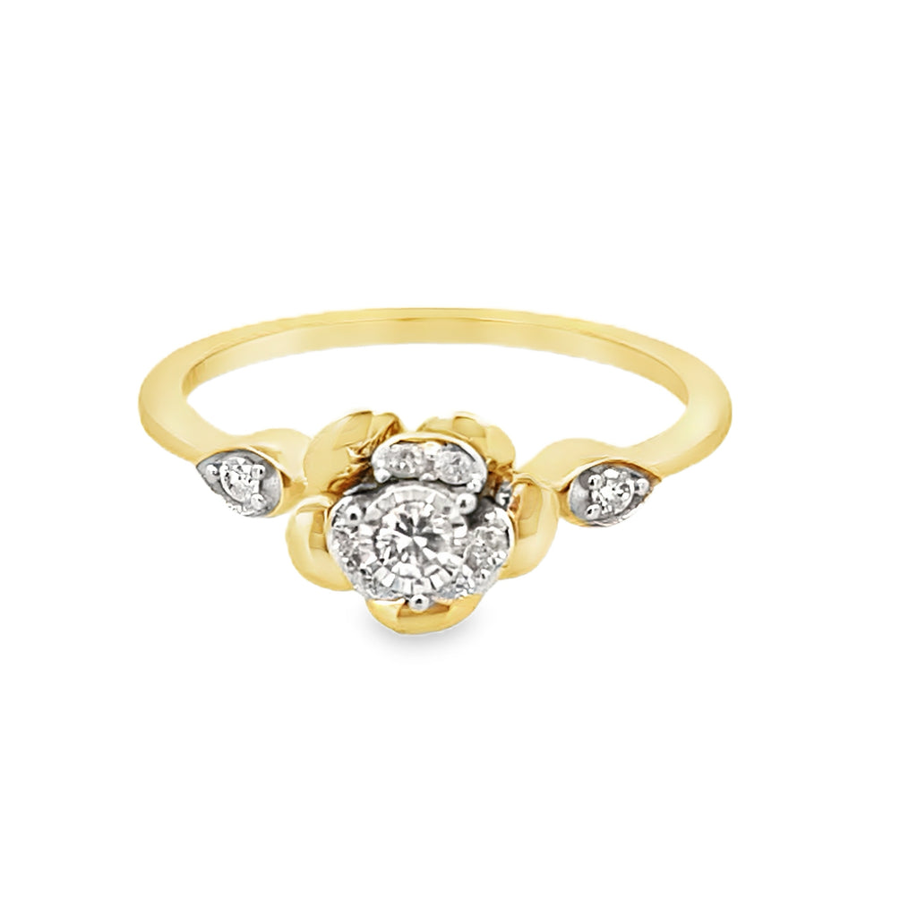 0.15Ctw 10K Yellow Gold Diamond Flower Ring Size 7 1.1Dwt