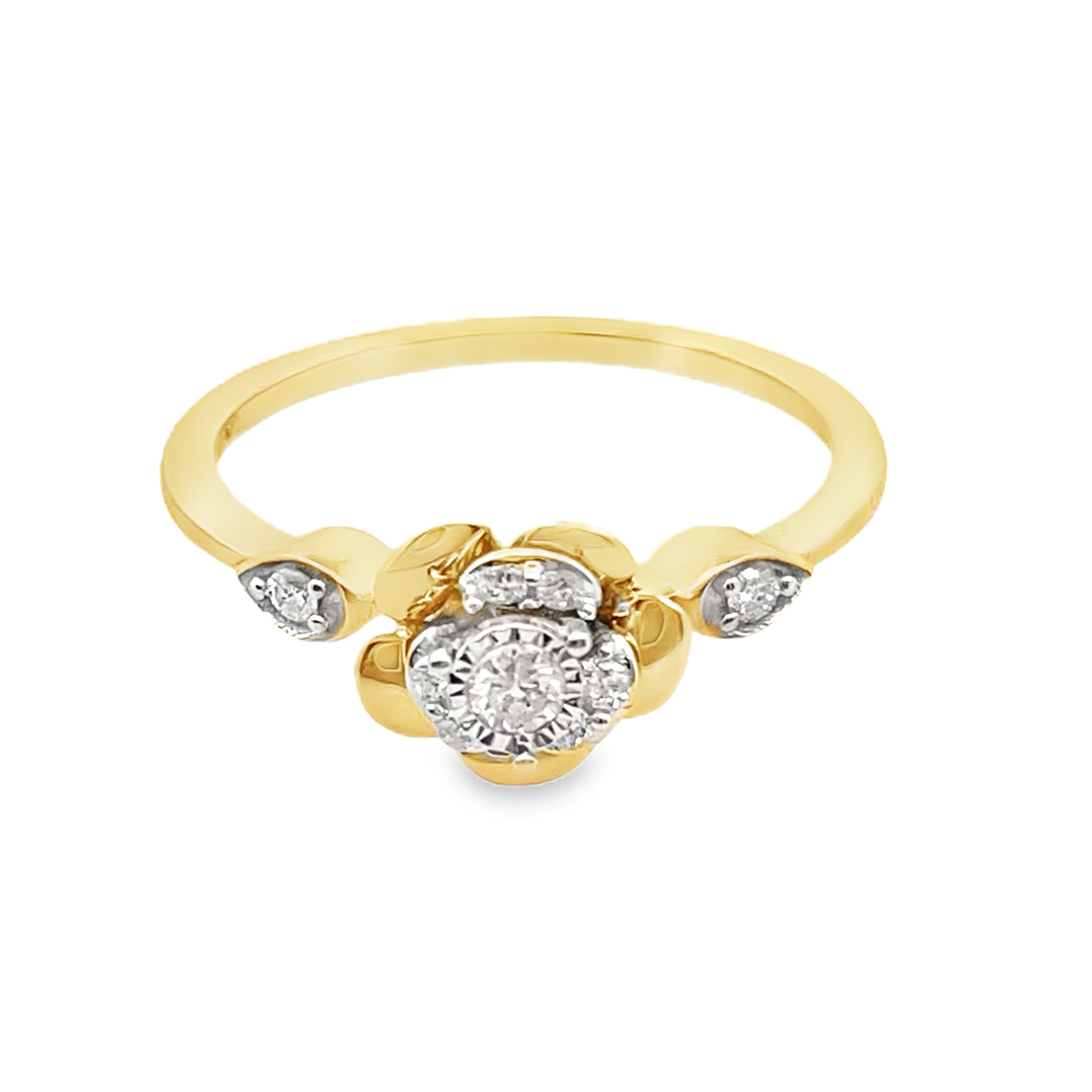 0.15Ctw 10K Yellow Gold Diamond Flower Ring Size 7 1.1Dwt