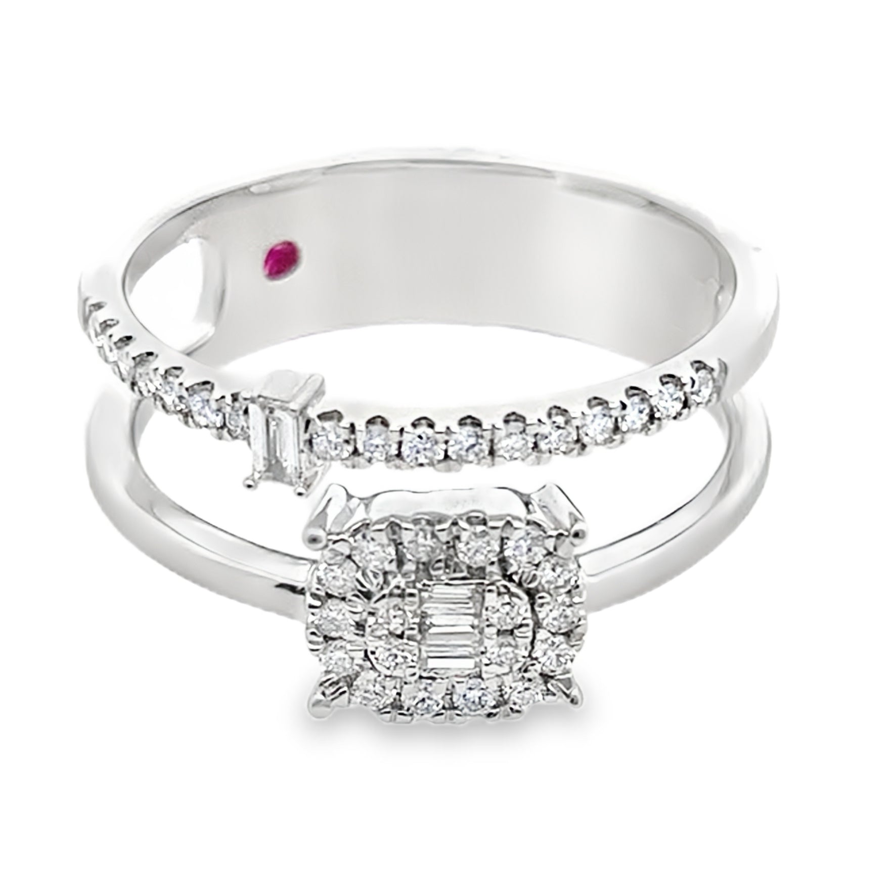 0.30Ct18kt White Gold Rd/Bgt Diamond  Ladies Double Ring Size 6.5 3.1Dwt