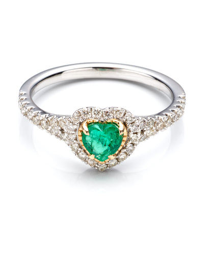 0.31Ctw Dia 0.40Ctw Emerald Platinum &14K Two Tone Heart Ring Size 7 2.6Dwt