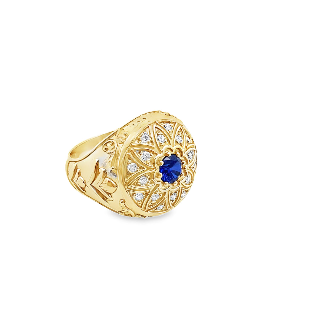 0.48Ctw 10K Yellow Gold Lab Grown Diamond & Sapphire Mens Rosetta Ring Size 12 10.7Dwt