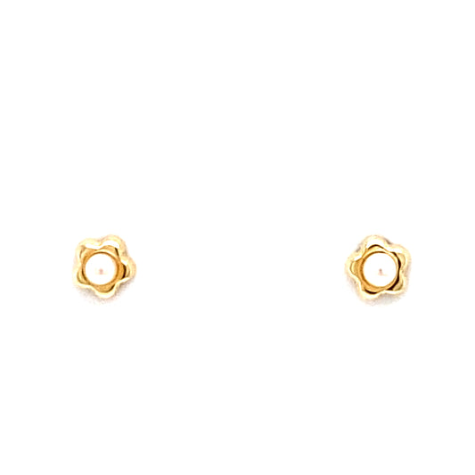 14K Yellow Gold Small Baby Flower Bezel Pearl Stud Earrings