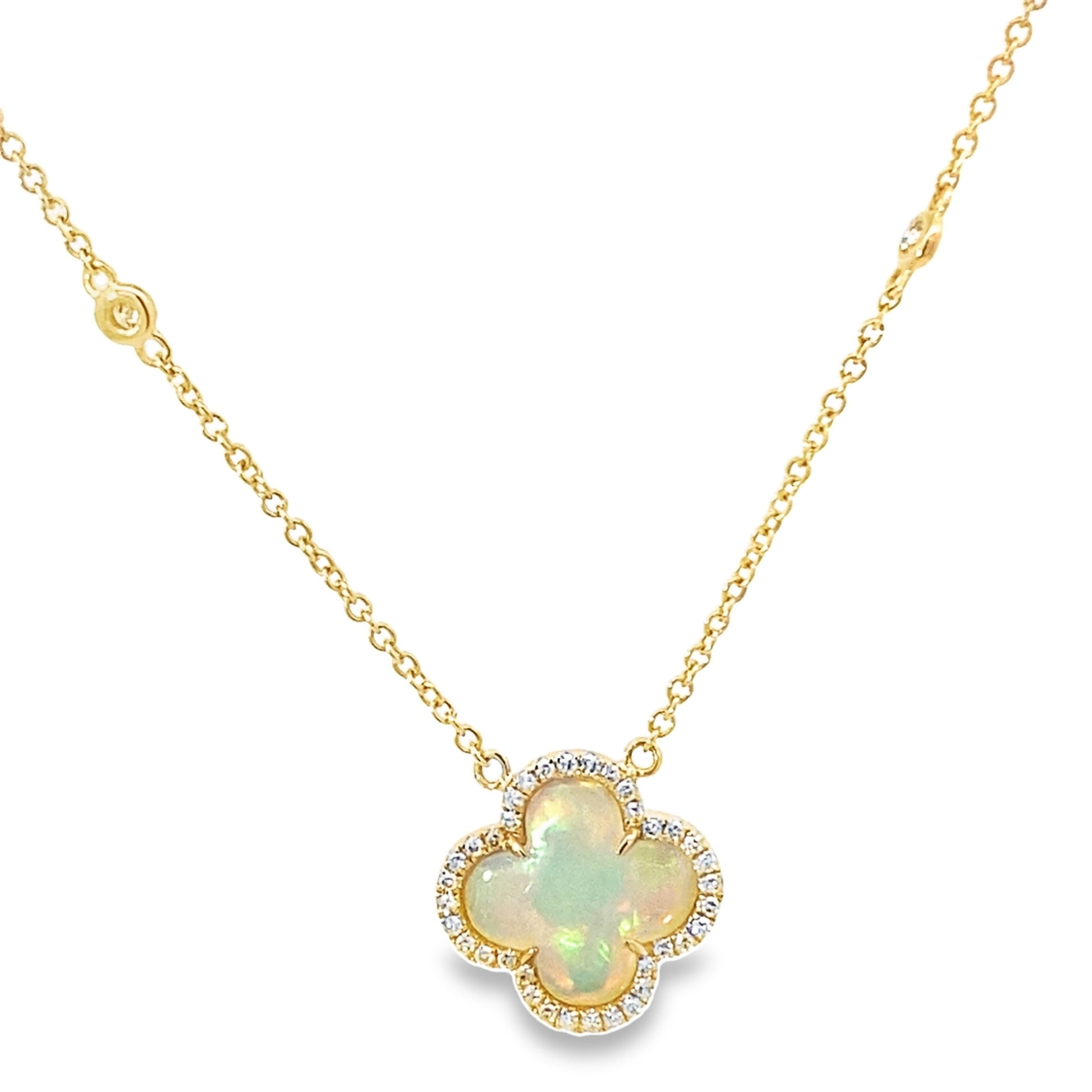 0.17Ctw Diamond 1.60Ctw Opal 14K Yellow Gold Flower Necklace 18In 2.3Dwt