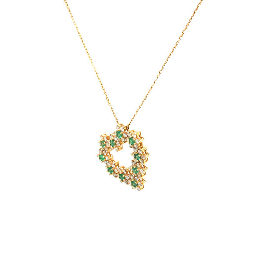 0.98Ctw Diamond 0.47Ctw Emerald 14K Yellow Gold Heart Flower Necklace 18In 3.8Dwt