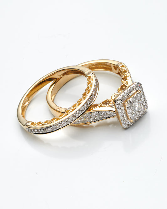 0.75Ctw 14K Yellow Gold Square Diamond Cluster Bridal Set Size 7 3.3Dwt