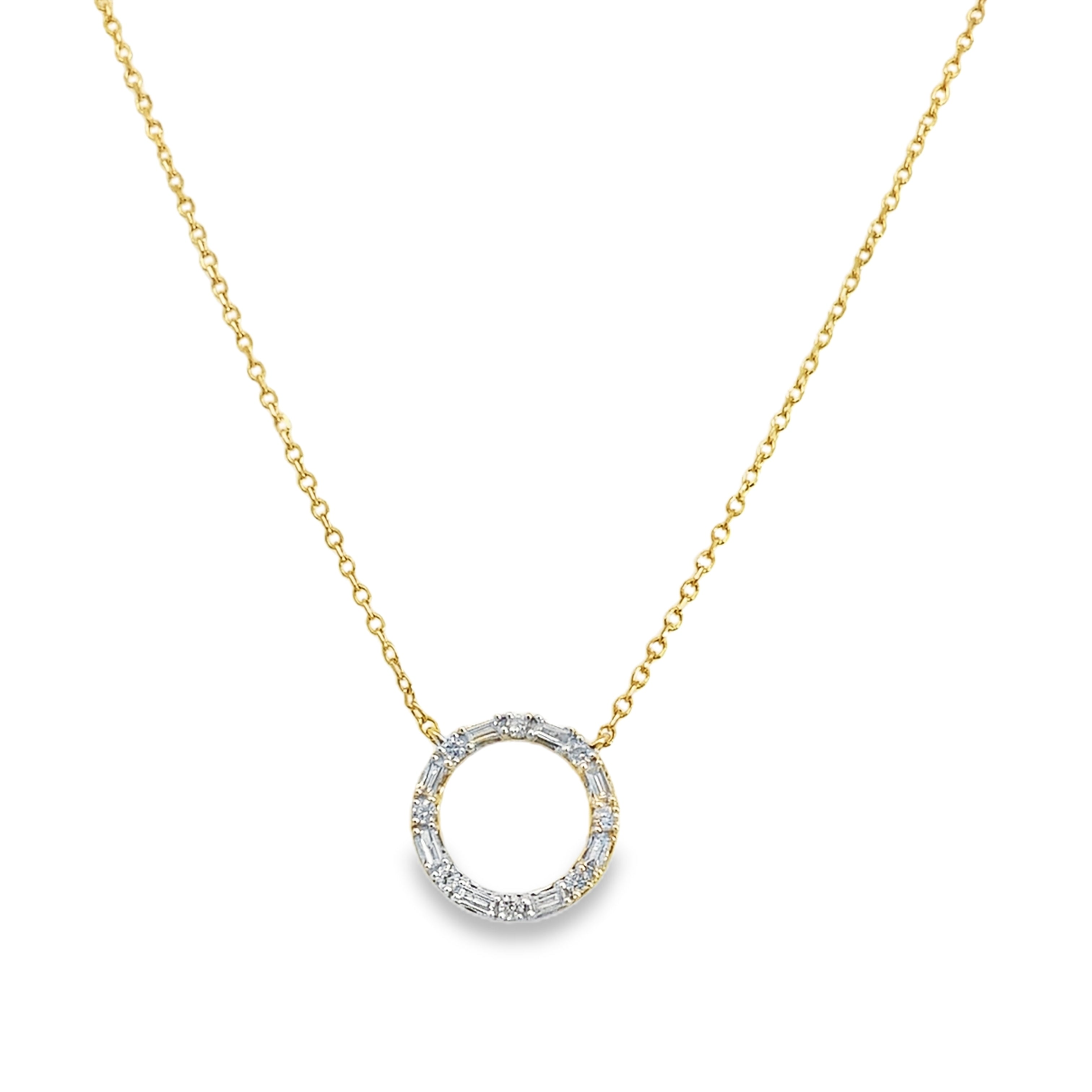 0.15Ct 10K Yellow Gold  Spring Lock Cable Link  Rd/Bgt Diamond Ladies Necklace 18In 0.9Dwt