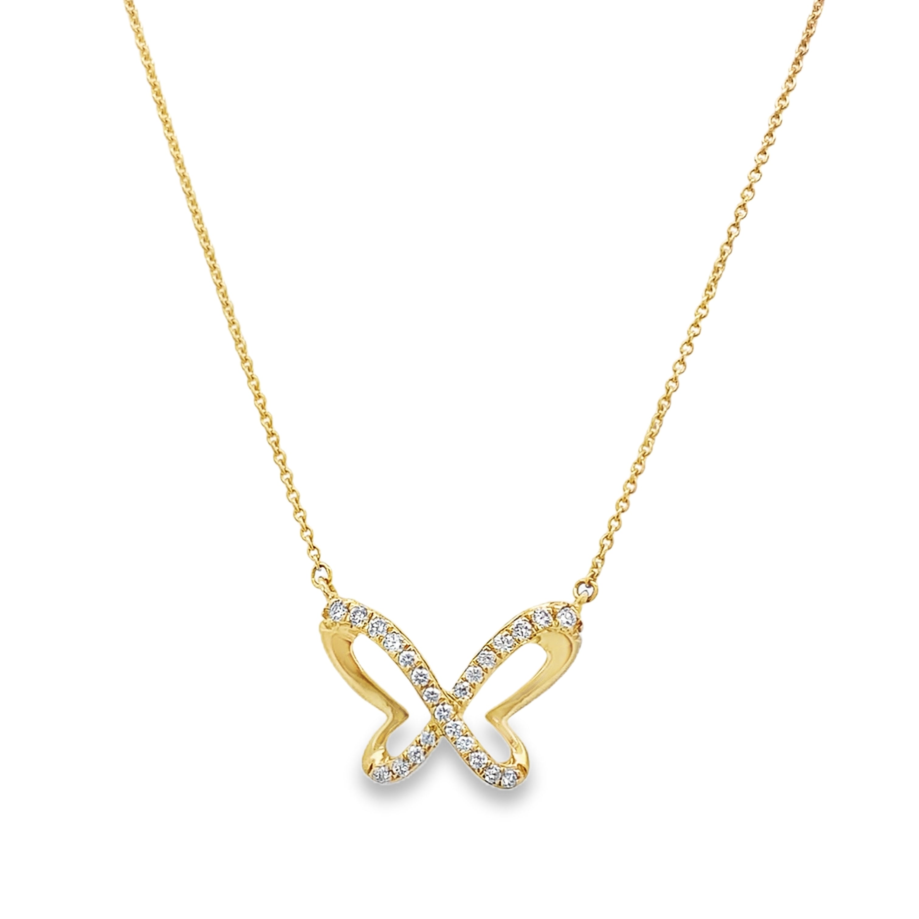 0.15Ct Rd 18K Yellow Gold Diamond Butterfly Pendant 18In 1.9Dwt