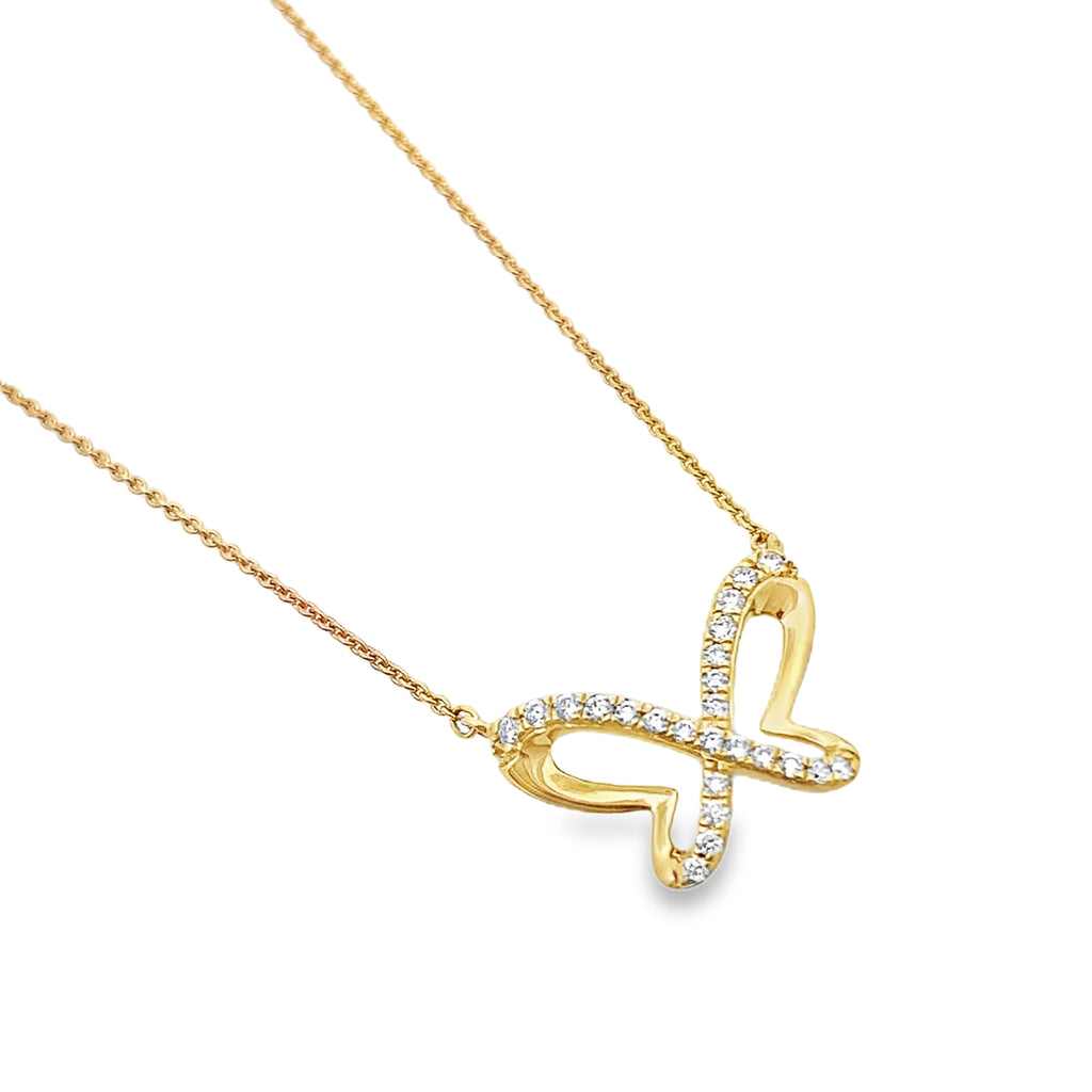 0.15Ct Rd 18K Yellow Gold Diamond Butterfly Pendant 18In 1.9Dwt