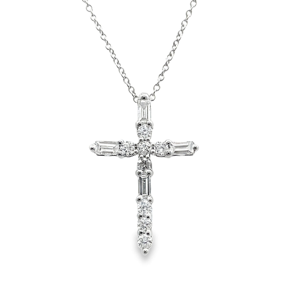 0.25Ct Rb/Bgt 14K White Gold Diamond Cross Pendant Necklace 18In 1.1Dwt