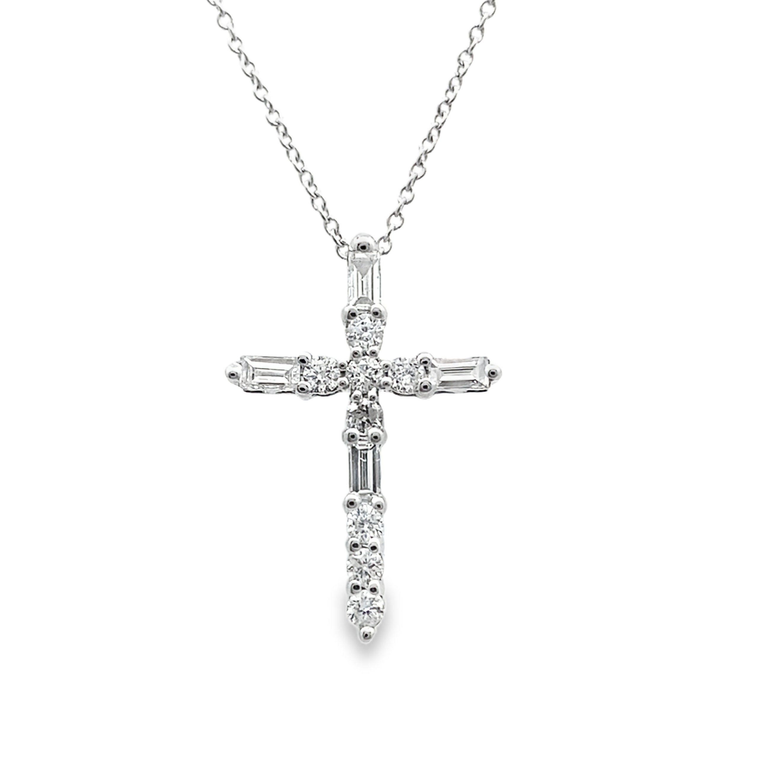 0.25Ct Rb/Bgt 14K White Gold Diamond Cross Pendant Necklace 18In 1.1Dwt