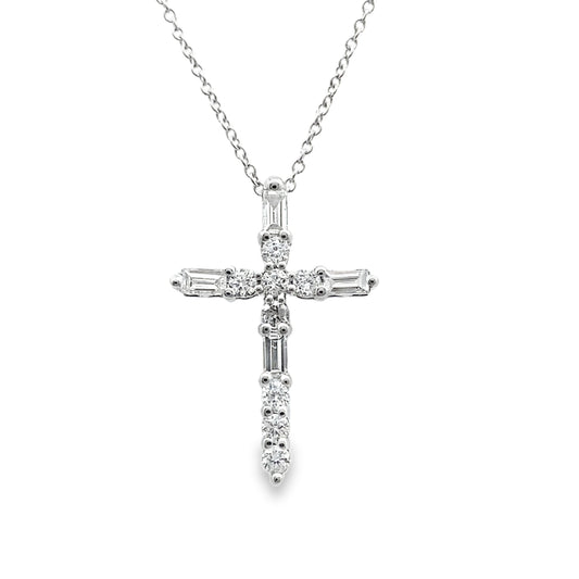 0.25Ct Rb/Bgt 14K White Gold Diamond Cross Pendant Necklace 18In 1.1Dwt