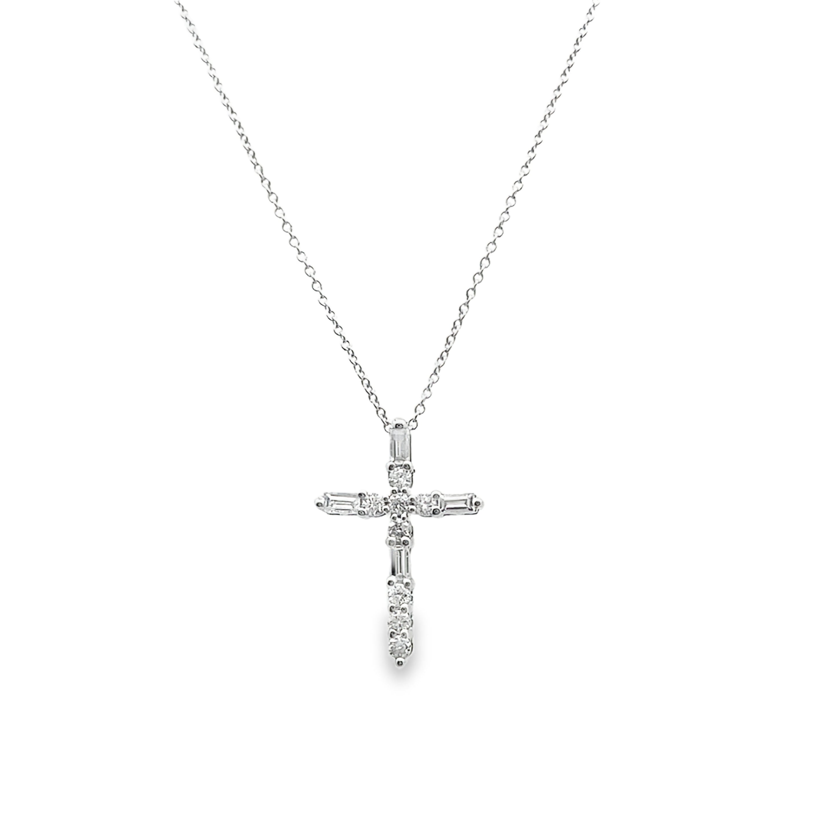 0.25Ct Rb/Bgt 14K White Gold Diamond Cross Pendant Necklace 18In 1.1Dwt