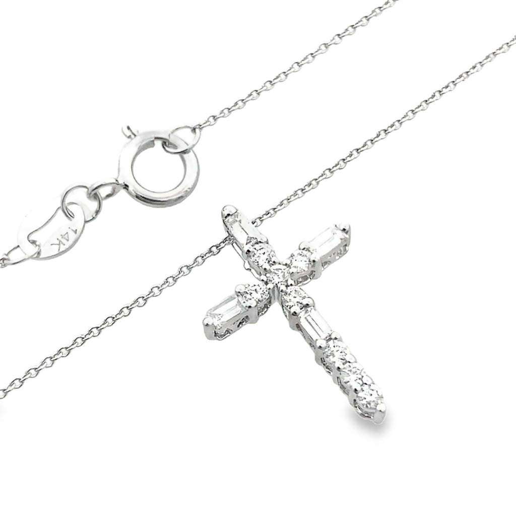 0.25Ct Rb/Bgt 14K White Gold Diamond Cross Pendant Necklace 18In 1.1Dwt