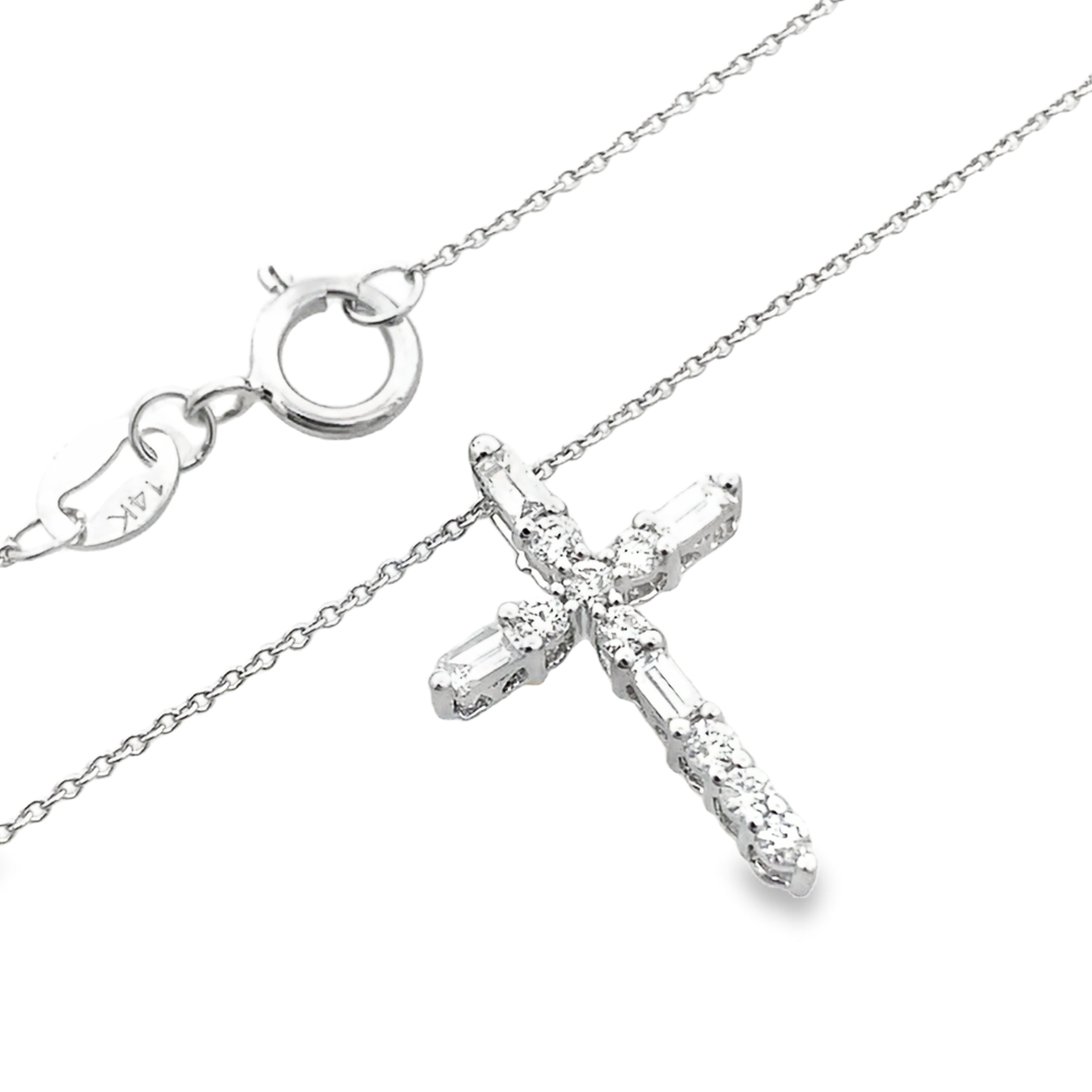 0.25Ct Rb/Bgt 14K White Gold Diamond Cross Pendant Necklace 18In 1.1Dwt