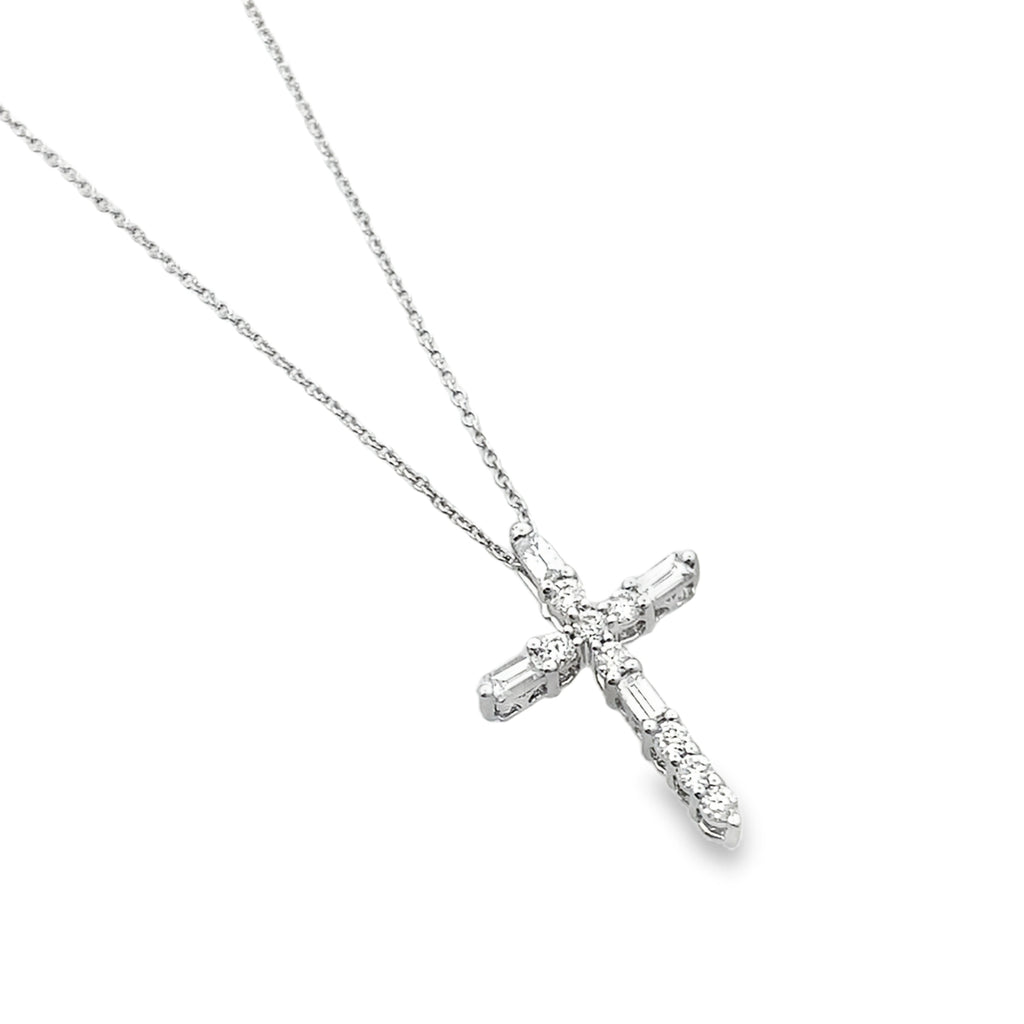 0.25Ct Rb/Bgt 14K White Gold Diamond Cross Pendant Necklace 18In 1.1Dwt