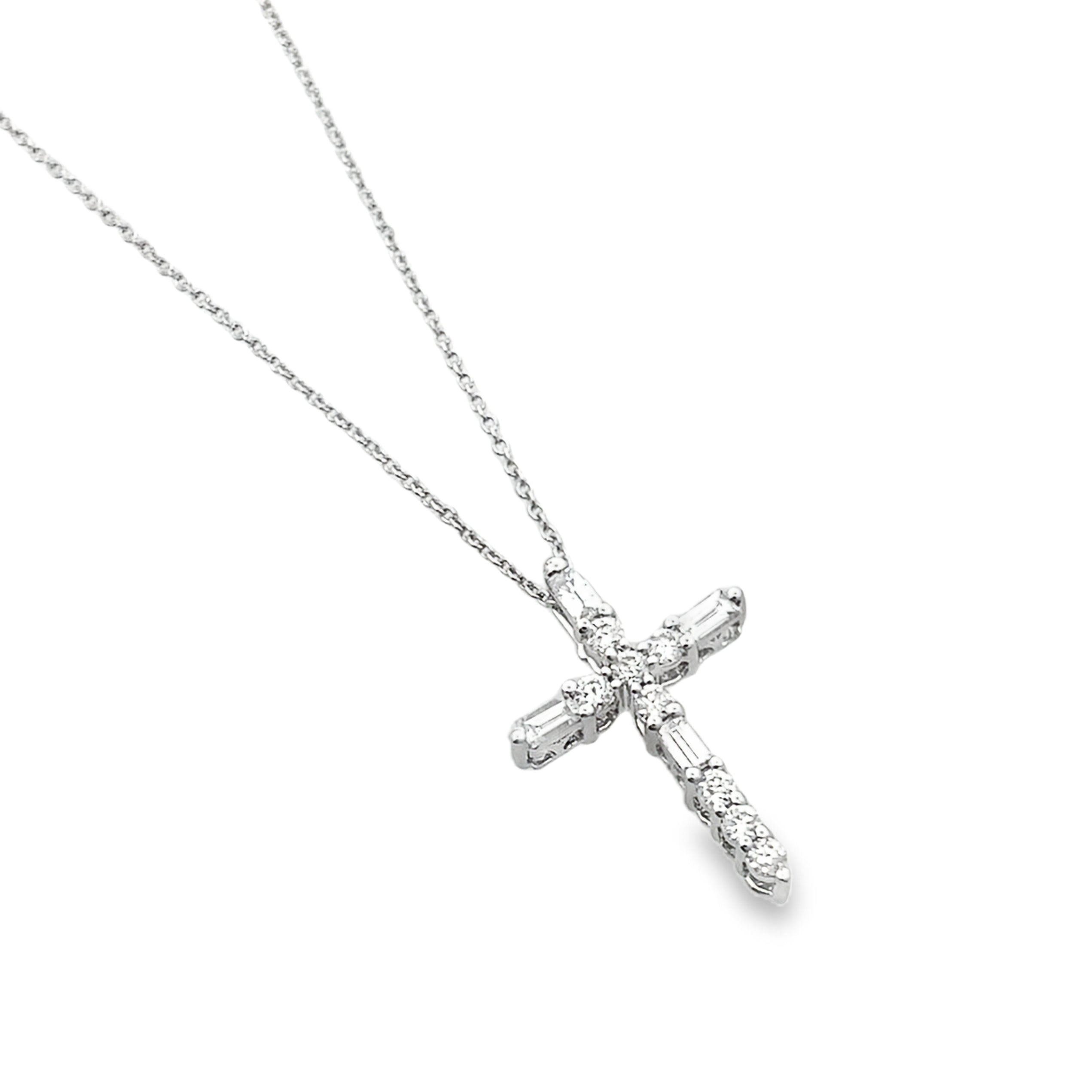 0.25Ct Rb/Bgt 14K White Gold Diamond Cross Pendant Necklace 18In 1.1Dwt