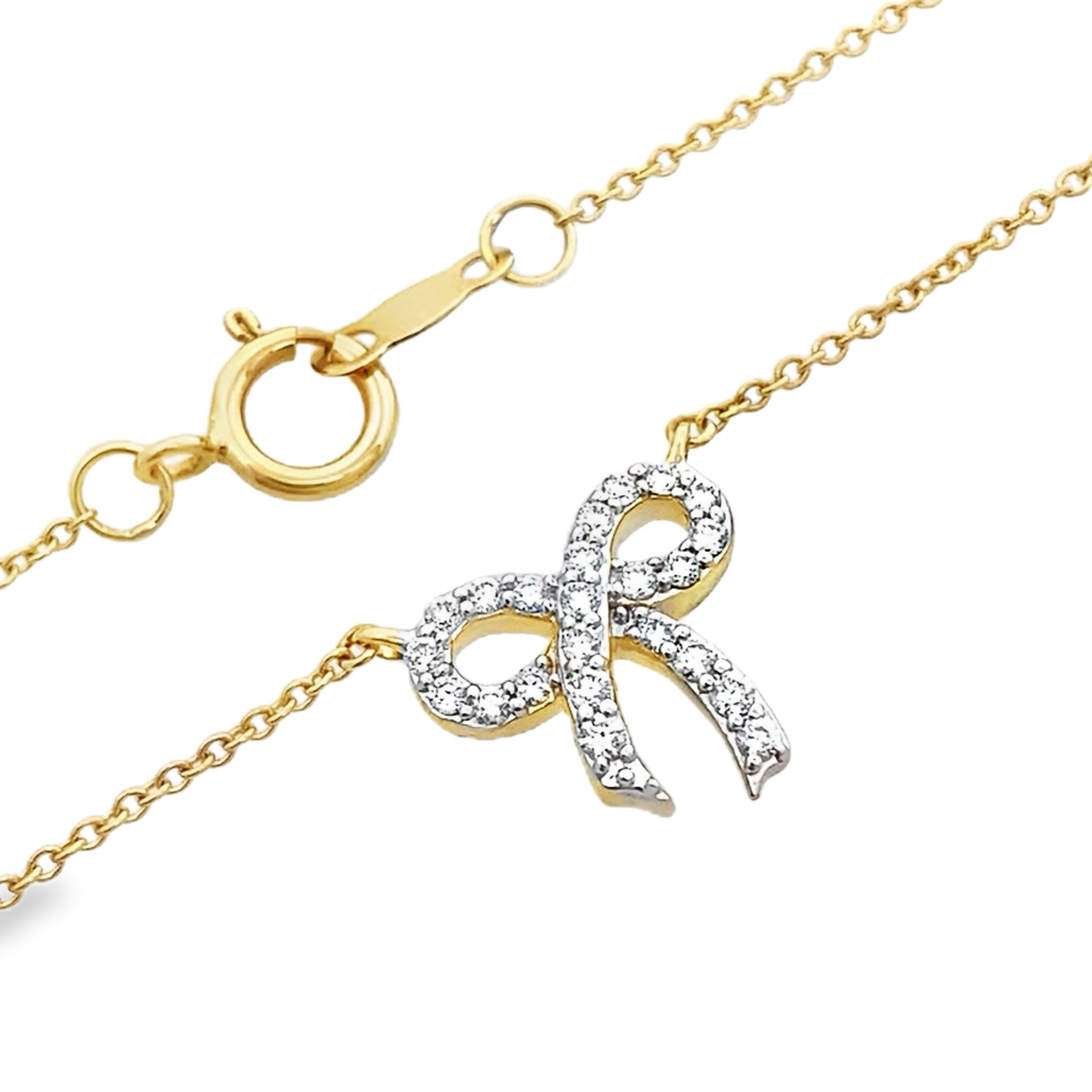 0.15Ct 18K Yellow Gold Rd Diamond Ribbon Pendant Ladies Necklace 16In 1.6Dwt
