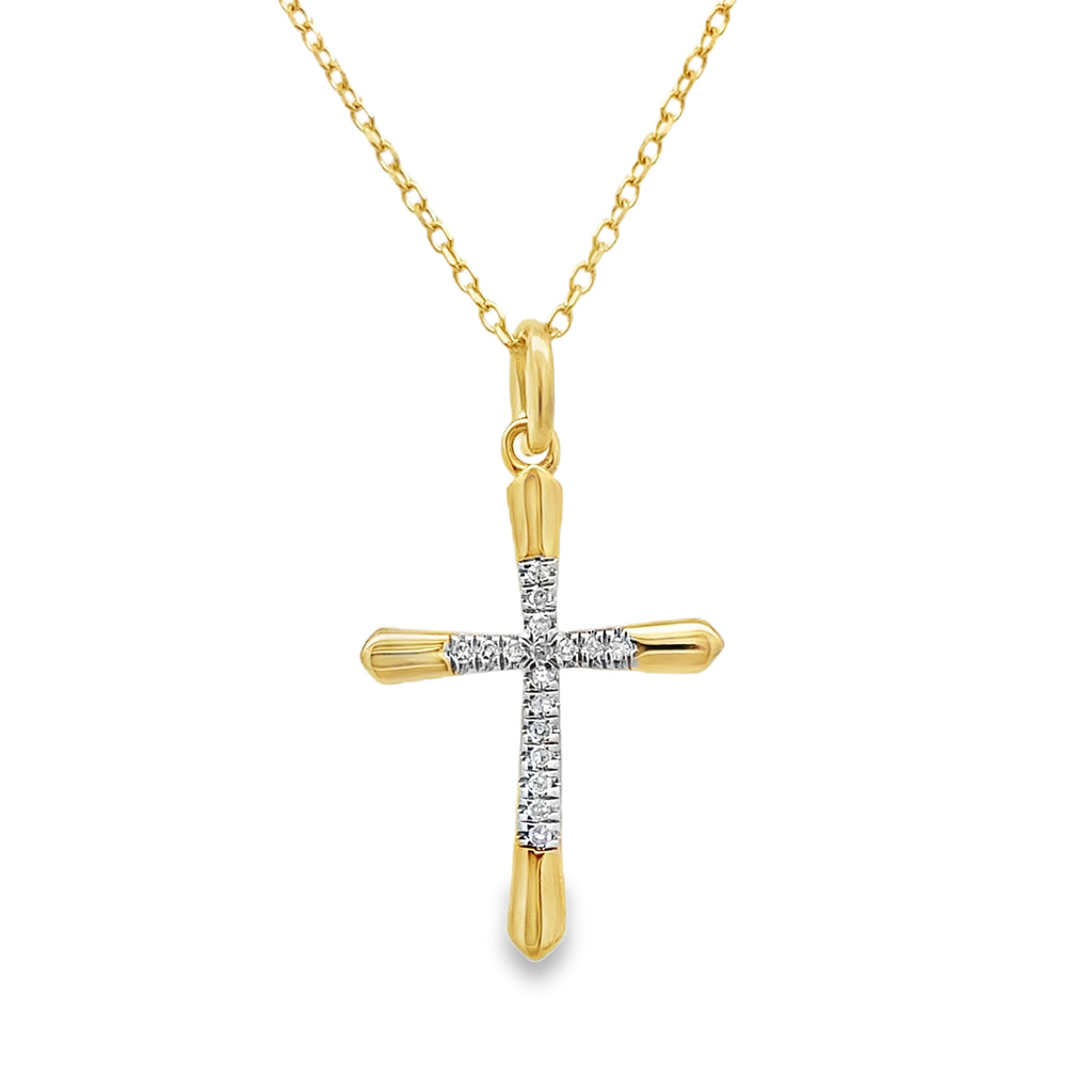 0.05Ct Stainless Steel Yellow Micron Gold Plating Diamond  Cross Pendant/Necklace 18In 1.1Dwt