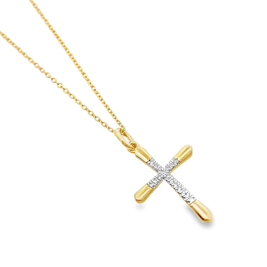 0.05Ct Stainless Steel Yellow Micron Gold Plating Diamond  Cross Pendant/Necklace 18In 1.1Dwt