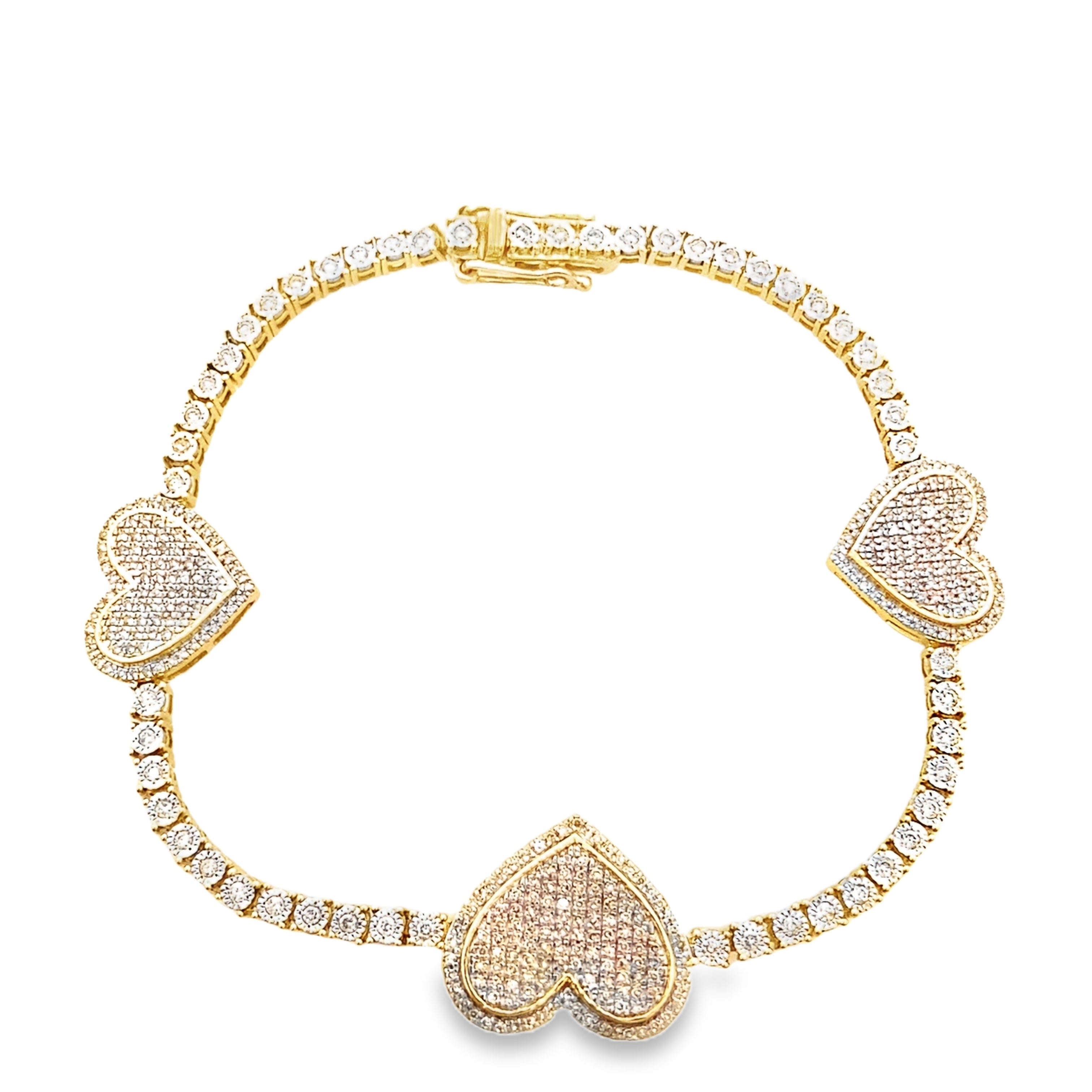 1.0Ct 10K Two Tone Gold Diamond Heart Tennis Bracelet 7In 5.8Dwt