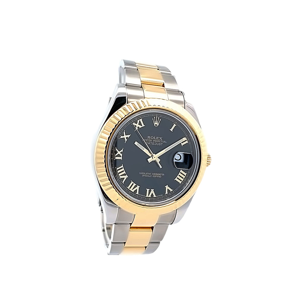 Pre-Owned Rolex Datejust 41Mm Model: 116333 18K Fluted Bezel Black Dial Roman Numeral Markers Oyster Links