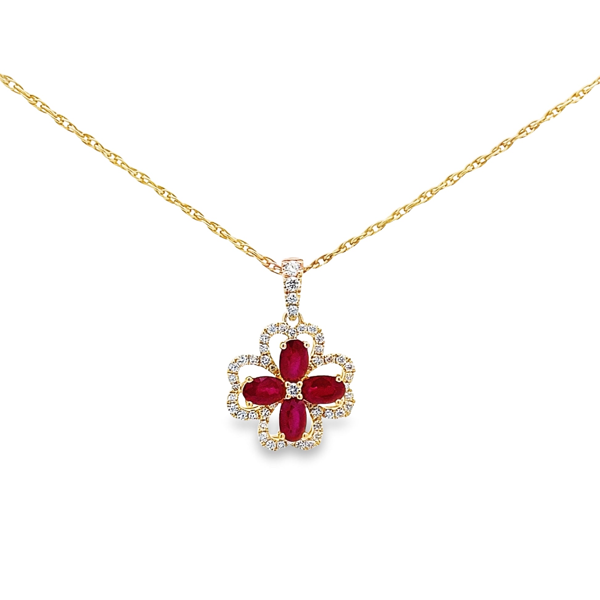 0.31Ctw Dia 1.19Ctw Ruby 14K Yellow Gold Four Leaf Clover Pendant