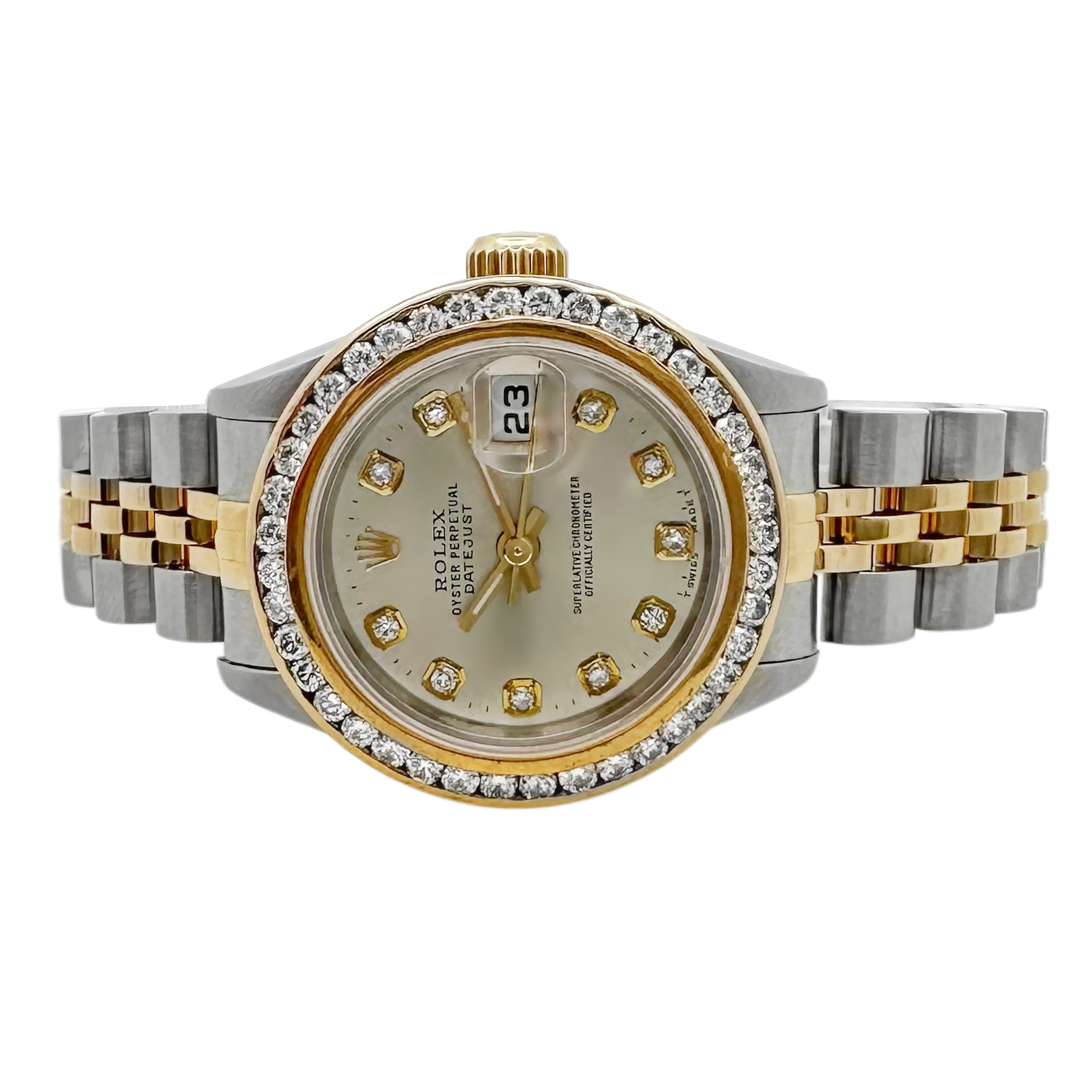 Pre-Owned 1996 Rolex Datejust 26Mm 18K Stainless Steel Two Tone Watch With Diamond Dial And Diamond Bezel Model:69173