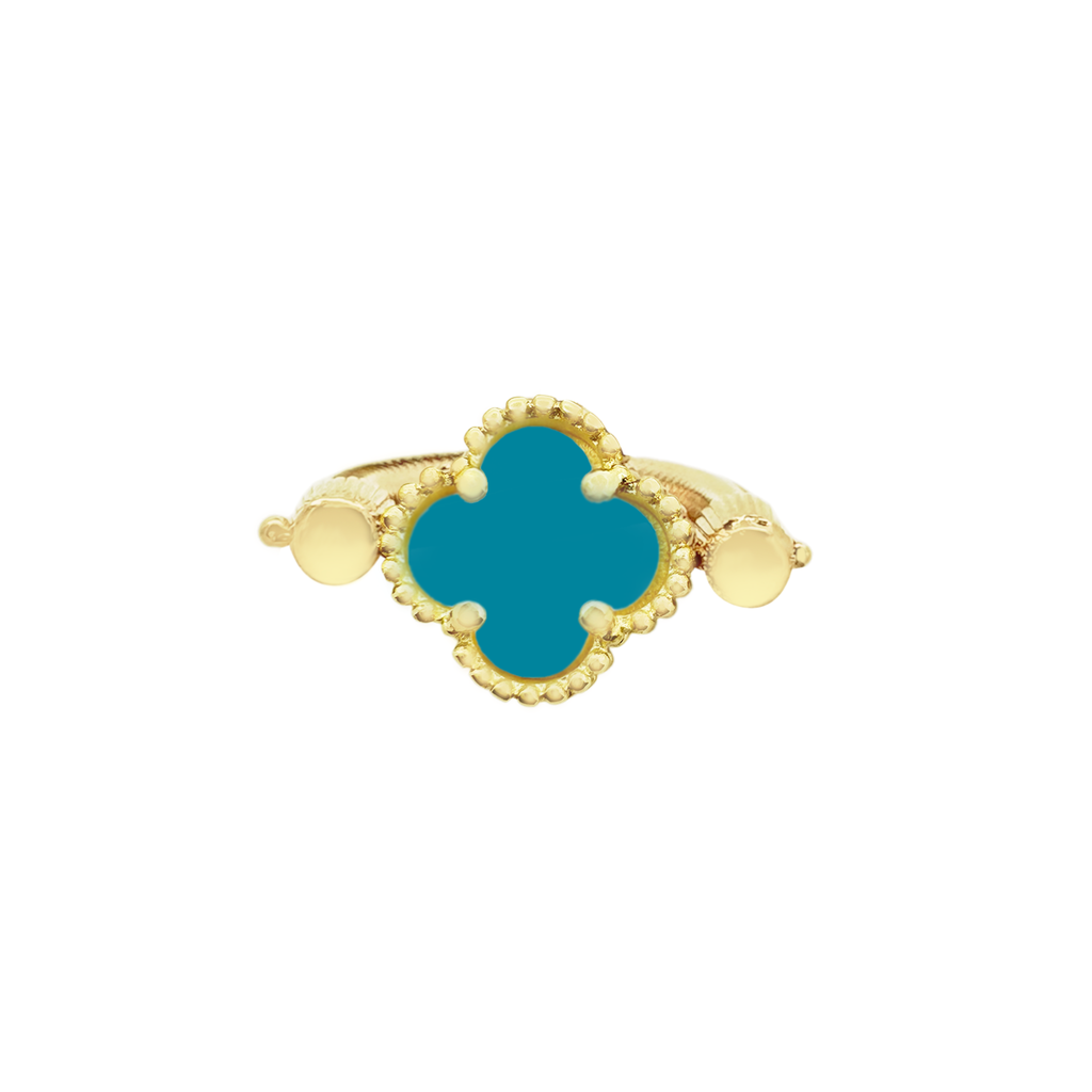 10K Yellow Gold Teal & Gold Flower Reversible Stretch Ring 1.1Dwt