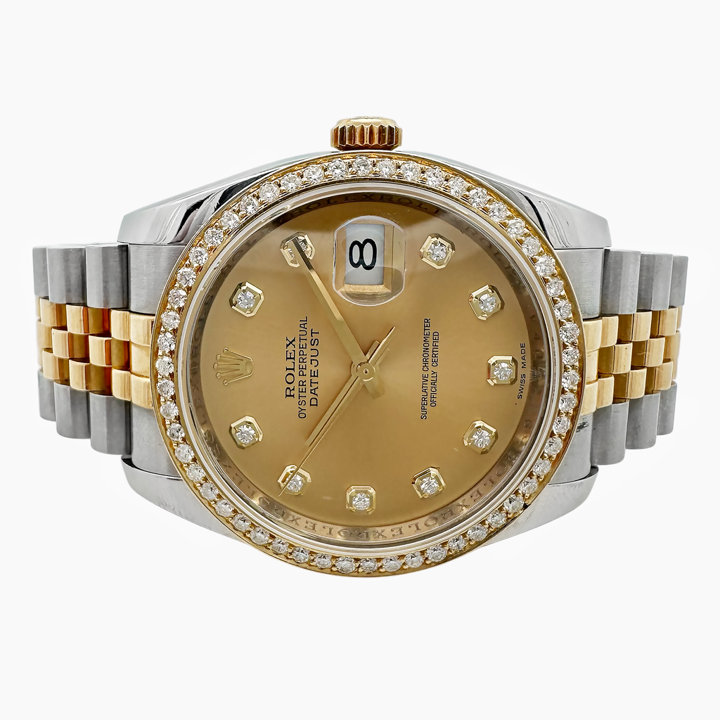 Pre-Owned Scr Rolex Datejust 36Mm Champagne Diamond Dial Watch Two Tone Bracelet Model 116233