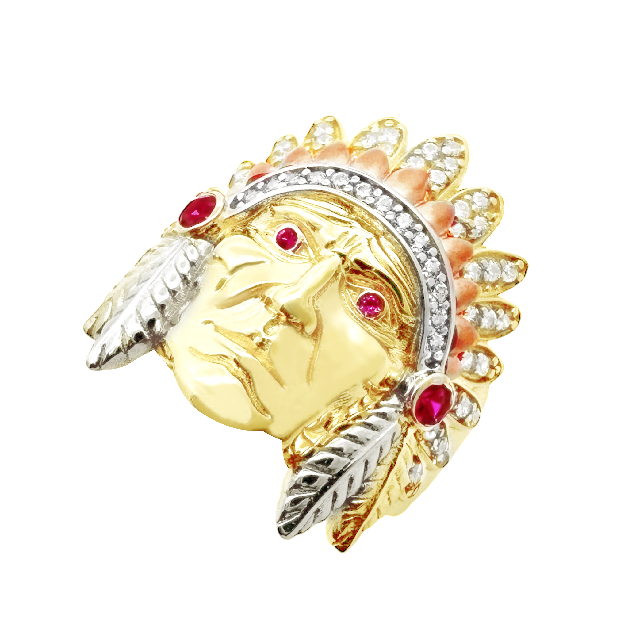 10K Tri Color Gold Cz Indian Chief Style Mens Ring Size 10 3.9Dwt