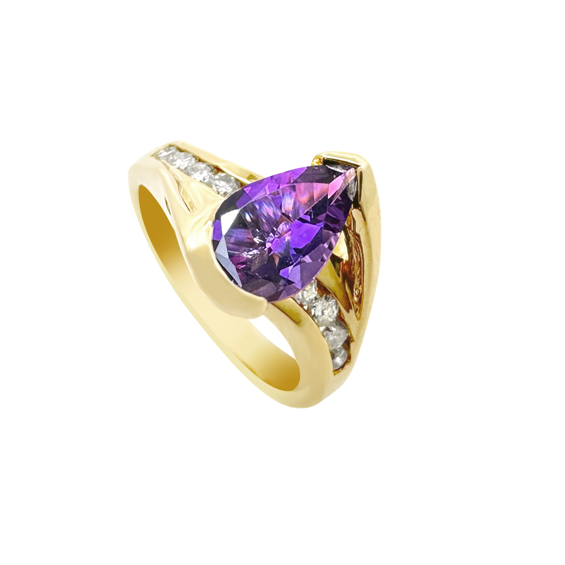 14K Yellow Gold Amethyst & Diamond Fashion Ring Size 6.5 3.9Dwt