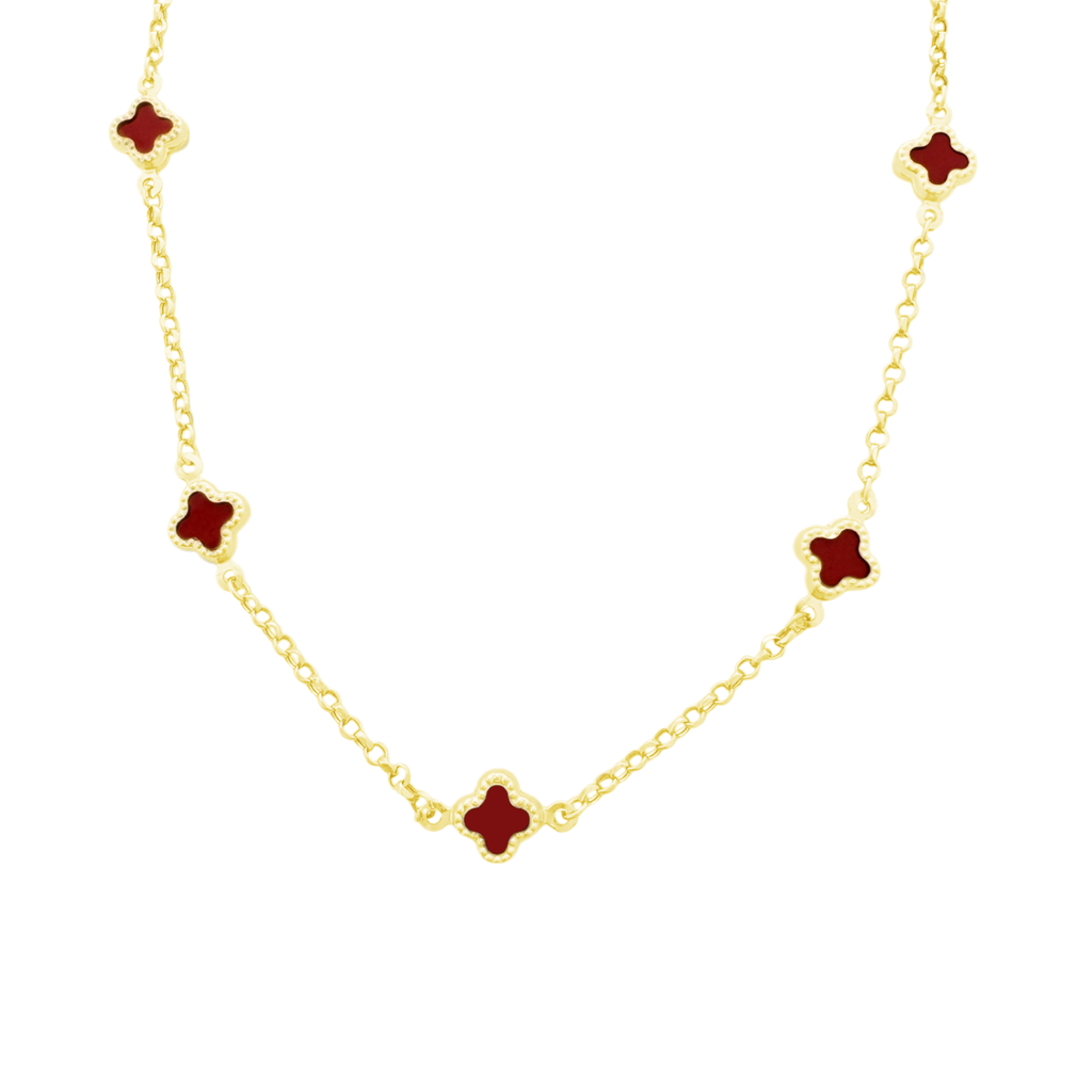 10K Yellow Gold Red Flowers Necklace 18In 3Dwt