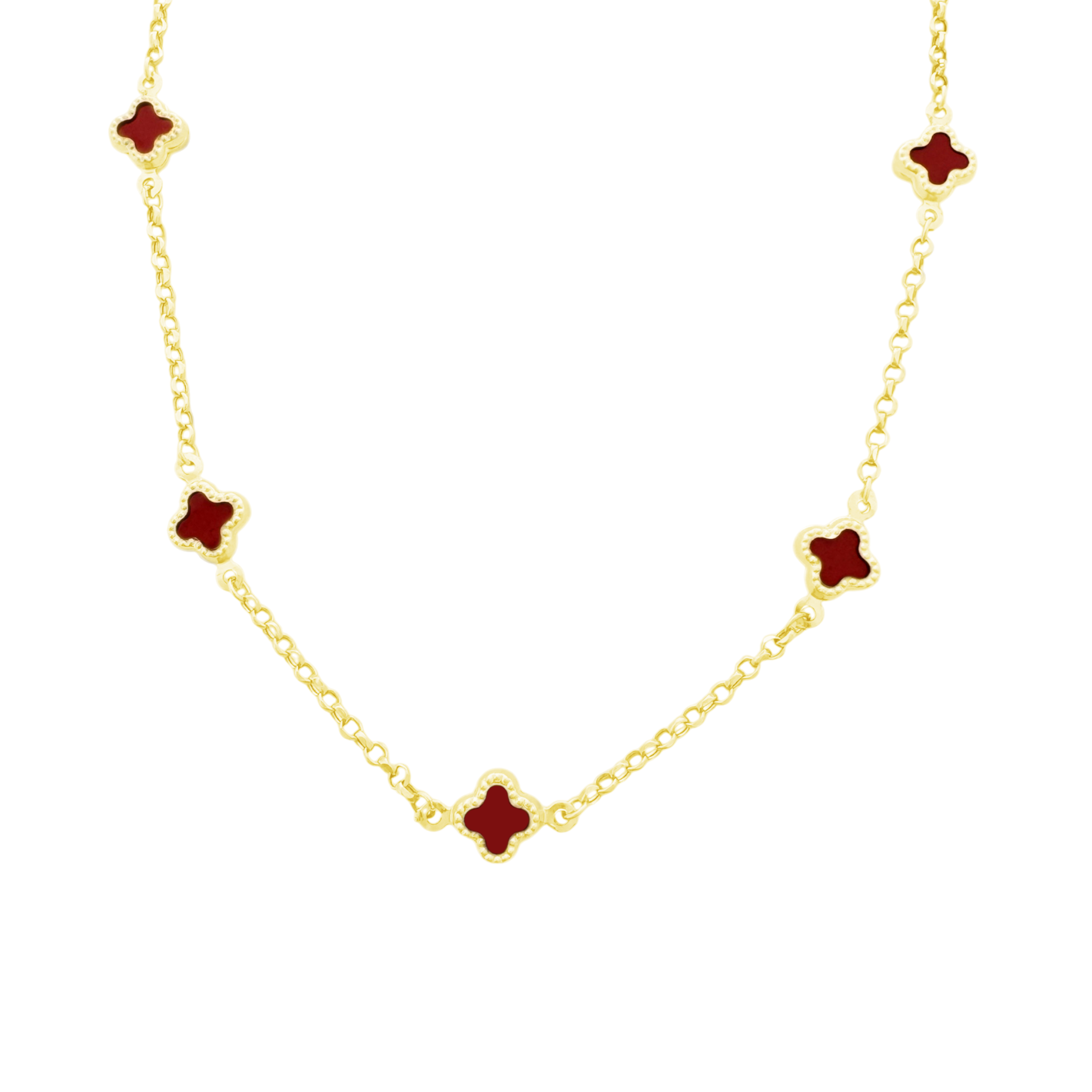 10K Yellow Gold Red Flowers Necklace 18In 3Dwt