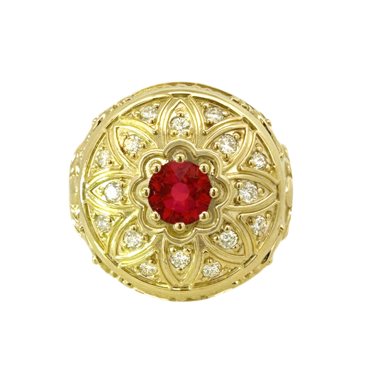 0.48Ctw 10K Yellow Gold Lab Grown Diamond & Ruby Mens Rosetta Ring Size 11.75 10.9Dwt