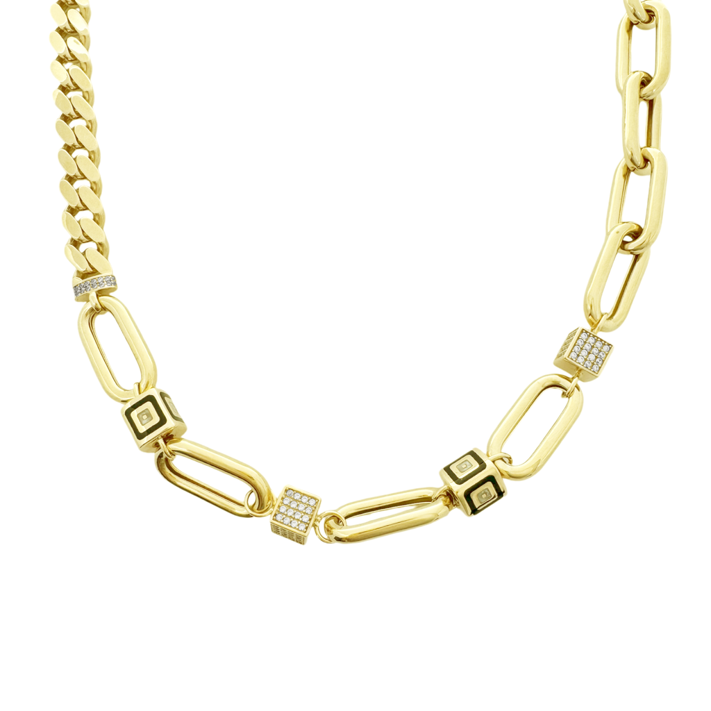 14K Yellow Gold Half Cuban Link Half Paperclip Fancy Hollow Necklace 18In 20.7Dwt