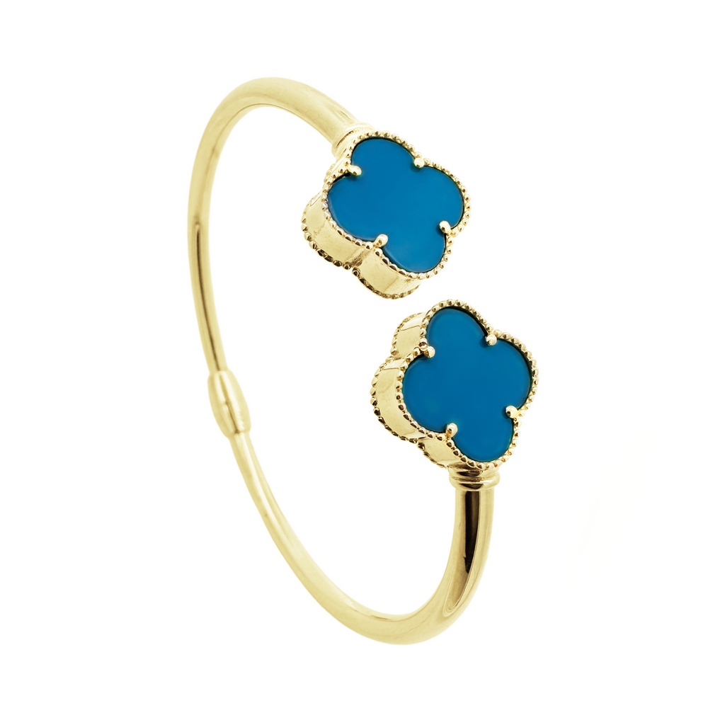 14K Yellow Gold Blue Flowers Hinged Bangle 6.1Dwt