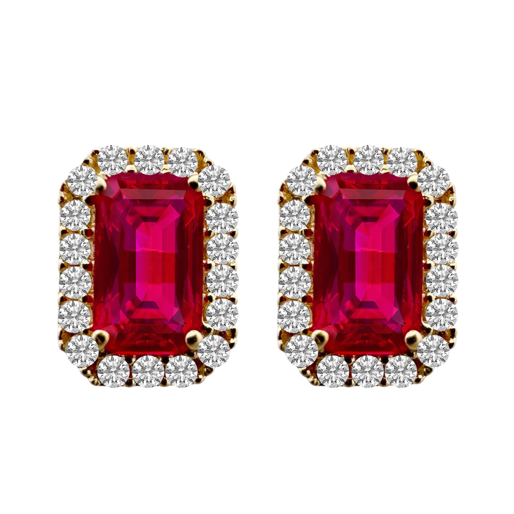 14K Yellow Gold Red Stone & Cz Stud Earrings
