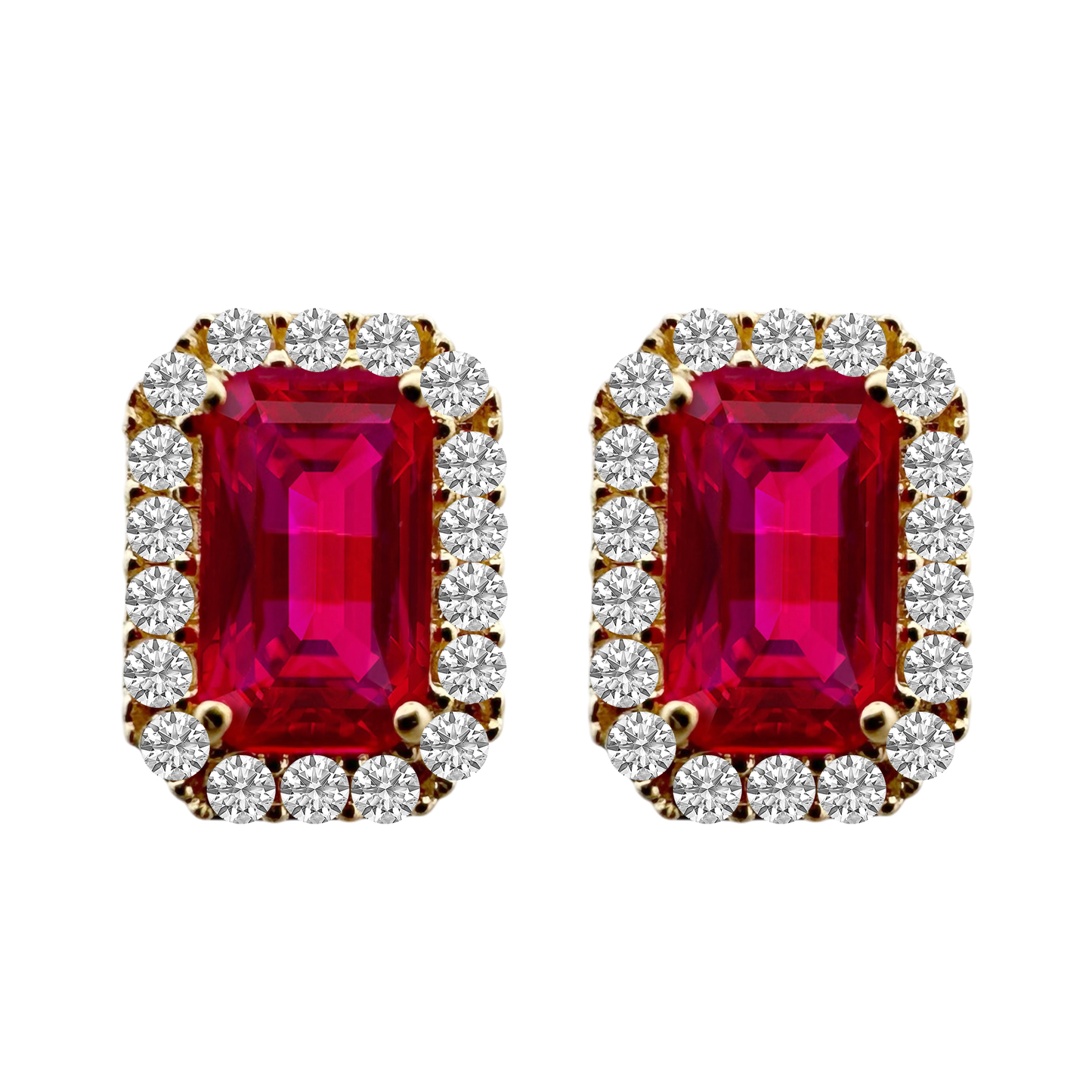 14K Yellow Gold Red Stone & Cz Stud Earrings