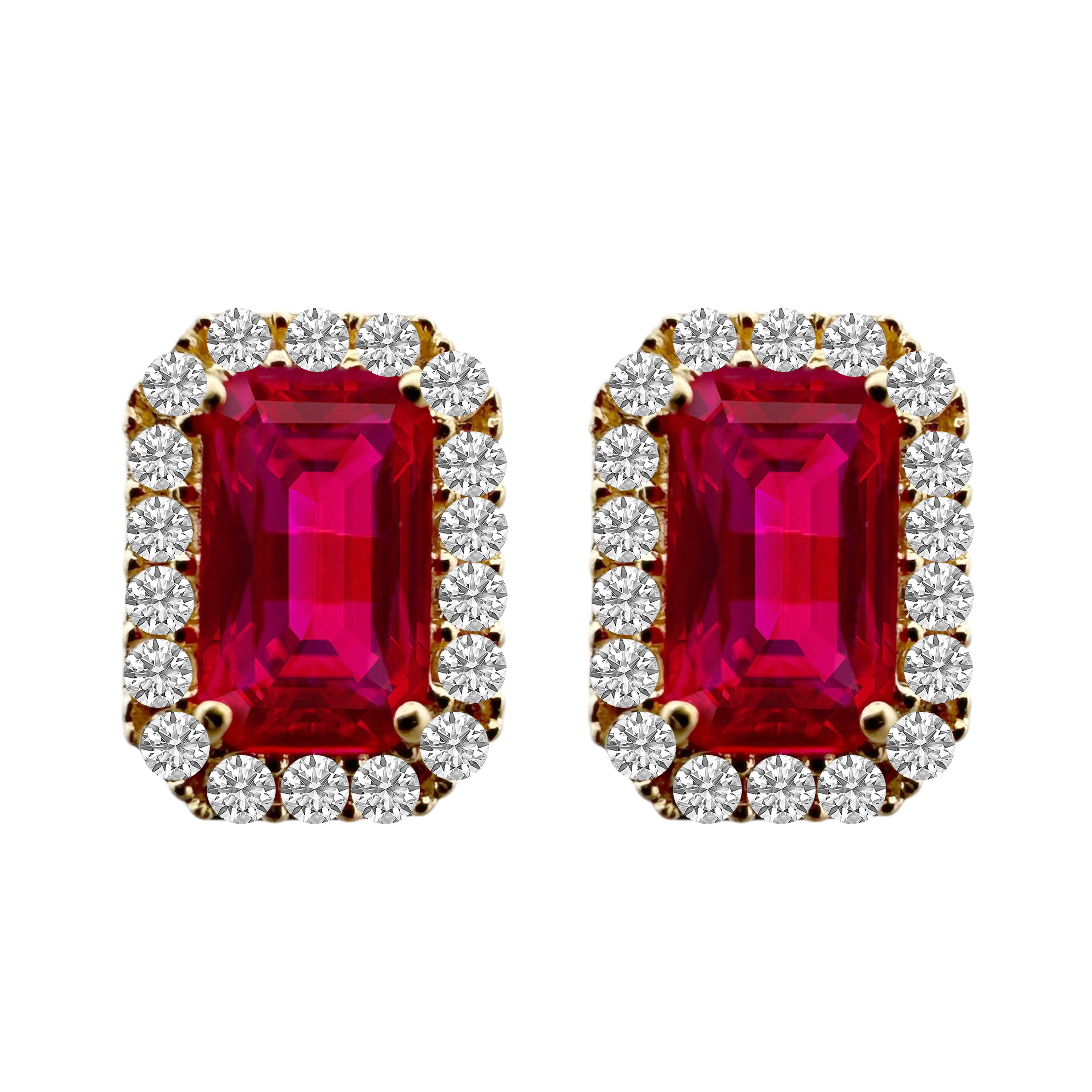 14K Yellow Gold Red Stone & Cz Stud Earrings