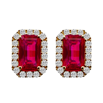 14K Yellow Gold Red Stone & Cz Stud Earrings