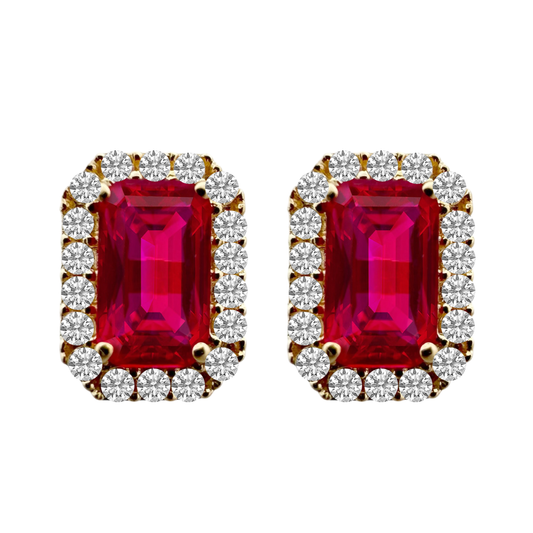 14K Yellow Gold Red Stone & Cz Stud Earrings