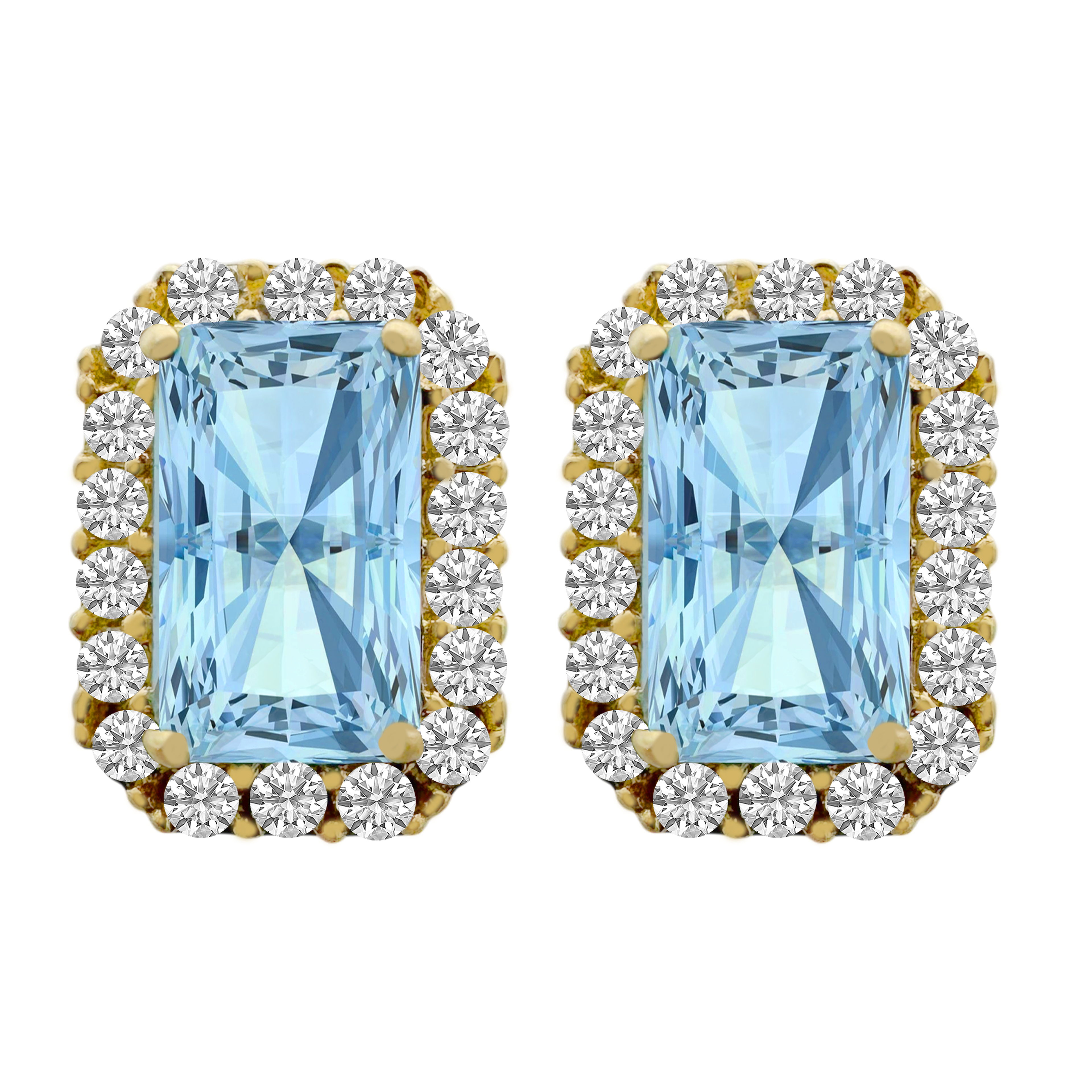14K Yellow Gold Light Blue Stone & Cz Stud Earrings