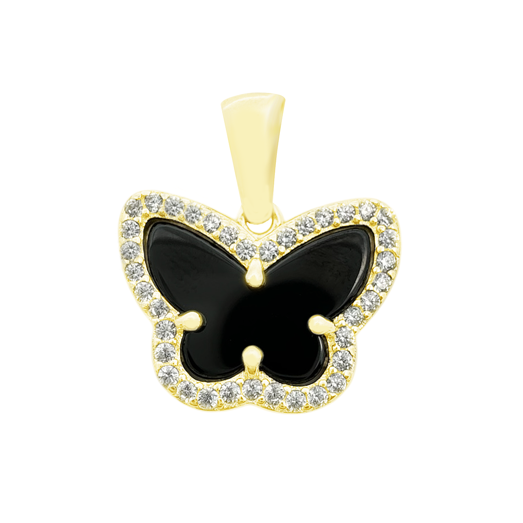 10K Yellow Gold Cz & Onyx Butterfly Pendant 1.9Dwt