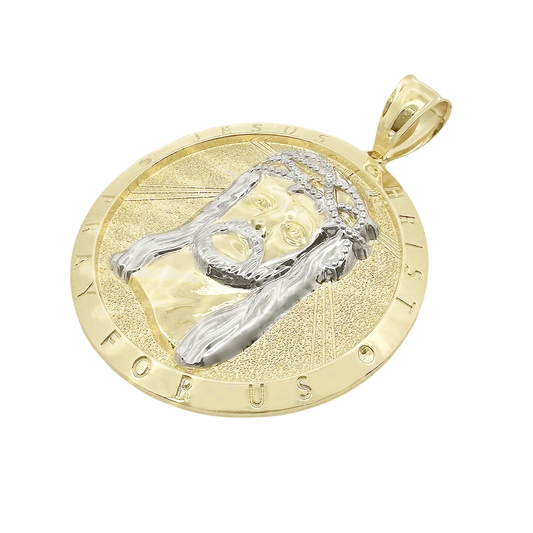 10K Two Tone Round Jesus Pendant 3.4Dwt