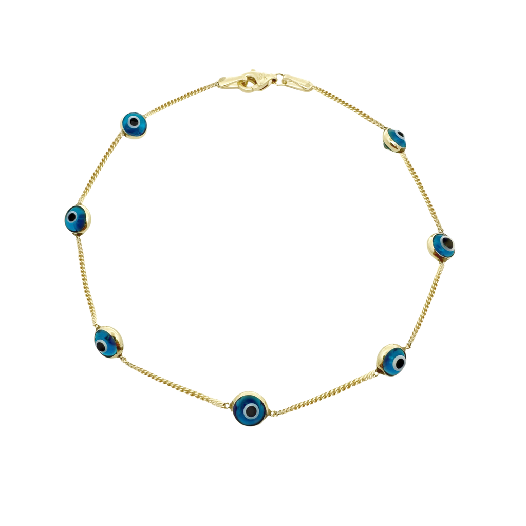 14K Yellow Gold Blue Evil Eyes Bracelet 8In 2.8Dwt