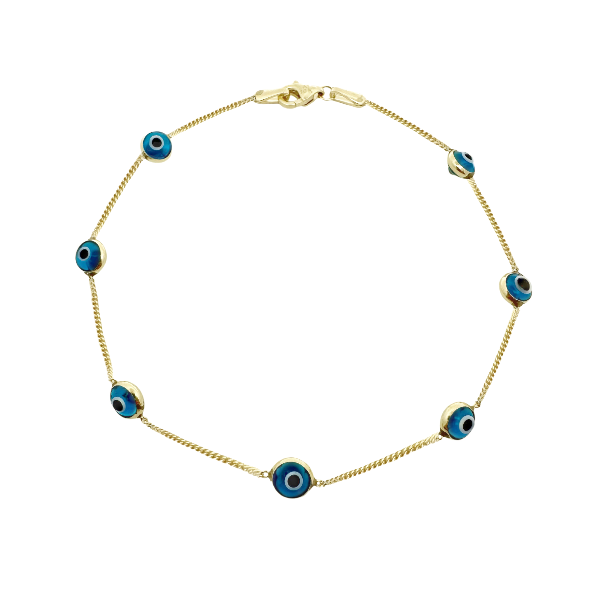 14K Yellow Gold Blue Evil Eyes Bracelet 8In 2.8Dwt