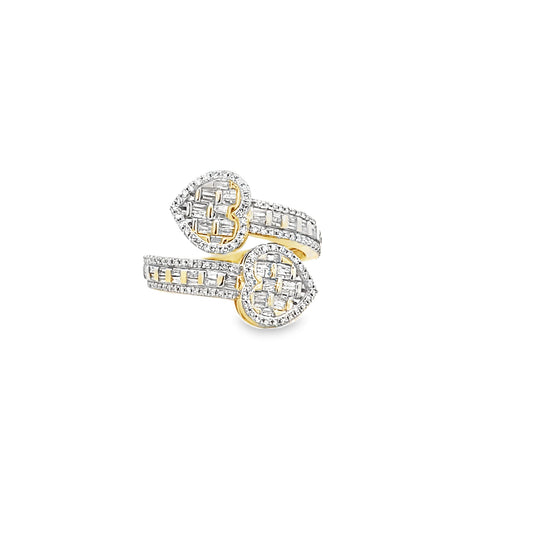 0.75Ctw 14K Yellow Gold Diamond Double Heart Bypass Ring Size 7 3.4Dwt
