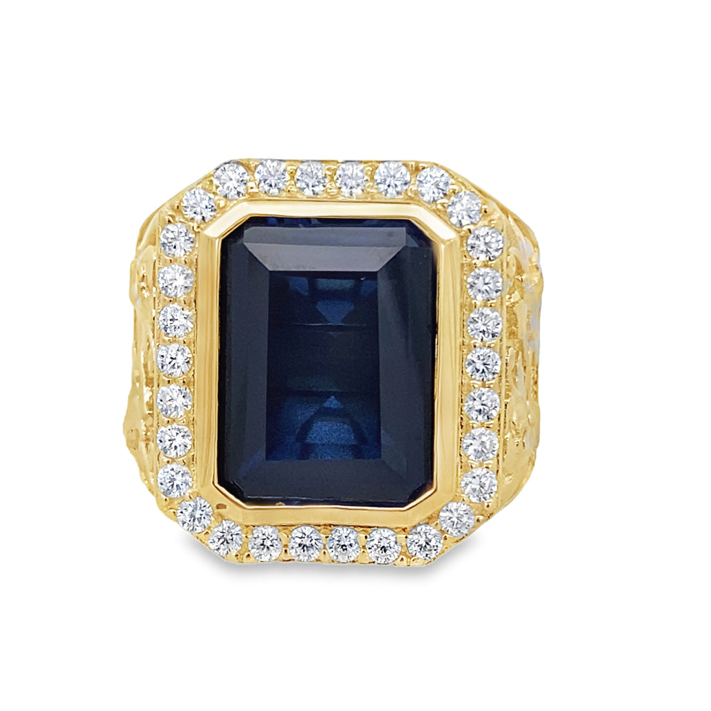 10K Yellow Gold Dark Blue Stone &Cz Mens Ring Size 12 11.9Dwt