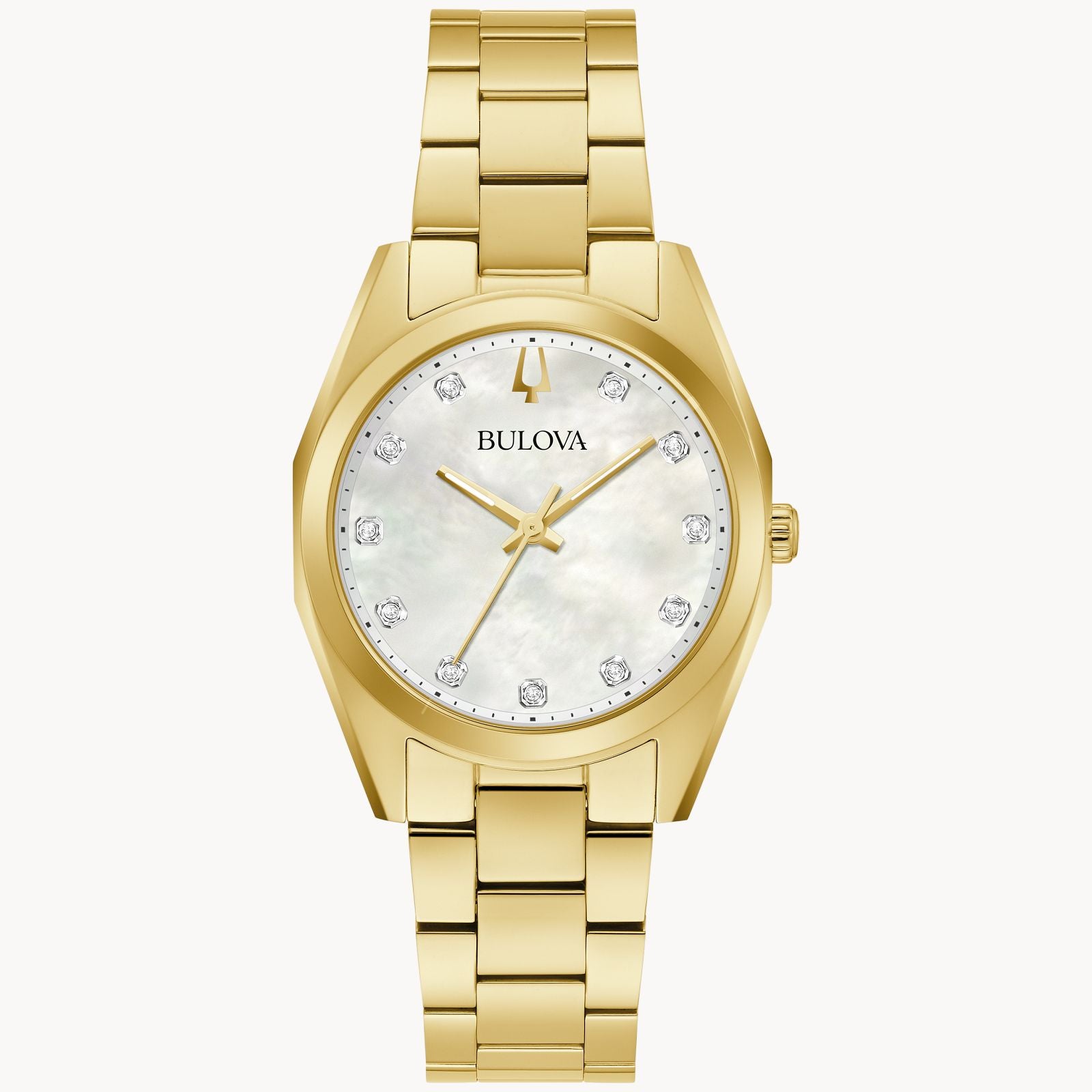 Bulova Surveyor Ladies Watch (97P172) Gold Tone Mother Of Pearl Dial Diamond Markers