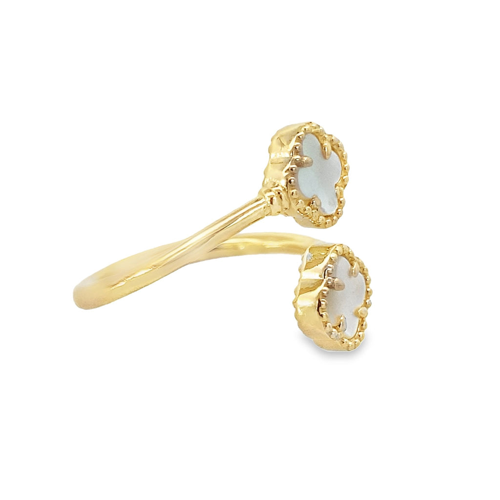 14K Yellow Gold Double Mother Of Pearl Flower Ring Size 7 2.0Dwt